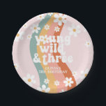Retro Rainbow Young Wild Three Daisy Paper Plate<br><div class="desc">Retro rainbow swirl young wild and three 3rd birthday party.</div>