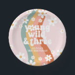Retro Rainbow Young Wild Three Daisy Paper Plate<br><div class="desc">Retro rainbow swirl young wild and three 3rd birthday party.</div>