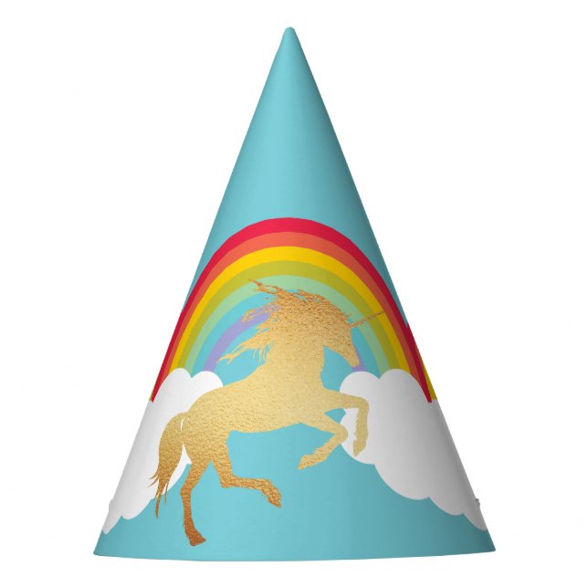 Retro Rainbows Clouds and Gold Unicorn Party Hat (Front)
