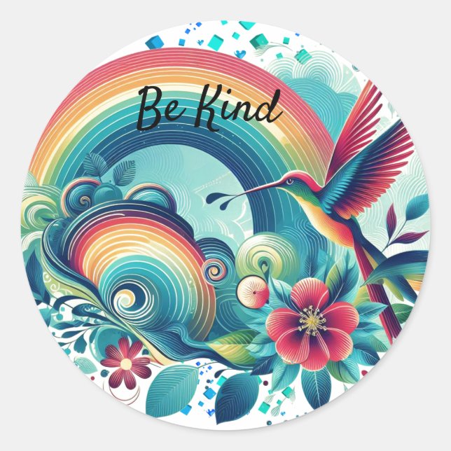 Retro Rainbows Hummingbird Kindness Round Sticker (Front)