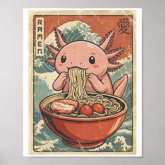 Retro Ramen Axolotl Japanese Food Art Kawaii Poster (Front)