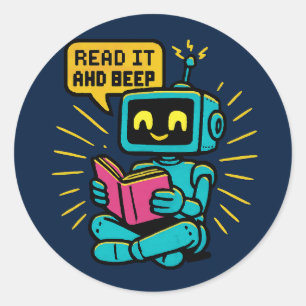 Retro Reading Robot Sticker – Pixel Art Sci-Fi