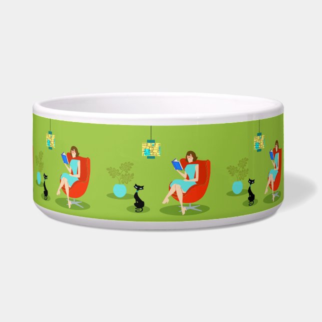 Retro Reading Woman Ceramic Pet Bowl (Front)