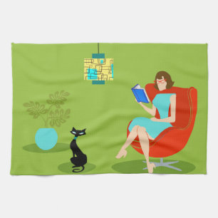 Retro Reading Woman Kitchen Towel
