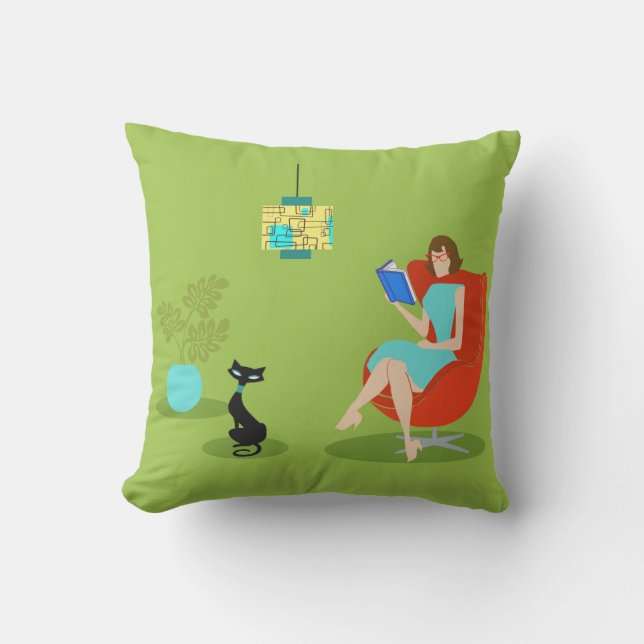 Retro Reading Woman Outdoor Pillow (Front)