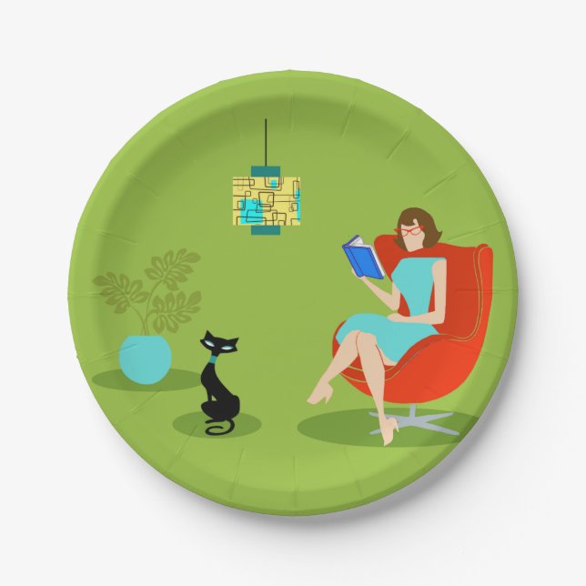 Retro Reading Woman Paper Plate (Front)