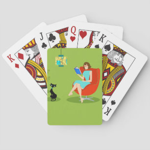 Retro Reading Woman Playing Cards