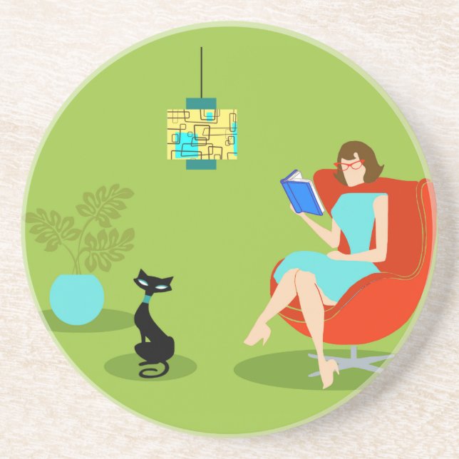 Retro Reading Woman Sandstone Coaster (Front)