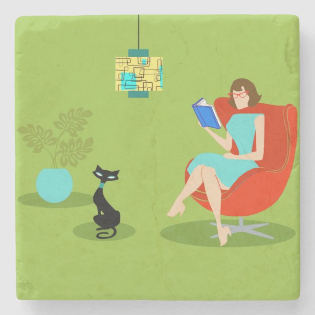 Retro Reading Woman Stone Coaster (Front)