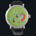 Retro Reading Woman Watch<br><div class="desc">This Retro Reading Woman Watch features a 1960's style, minimalist art, cartoon drawing of a woman who has her priorities in order. This delightful bookworm is entranced in a real page-turner. The shapely brunette is wearing an aqua dress and red glasses, while holding a blue book. She is seated in...</div>