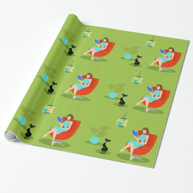 Retro Reading Woman Wrapping Paper (Unrolled)