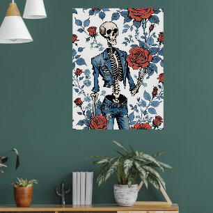 Retro Rebellion: Skeleton in Denim and Roses Poster