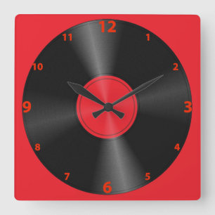 Retro, Record Album Red & Black Square Wall Clock