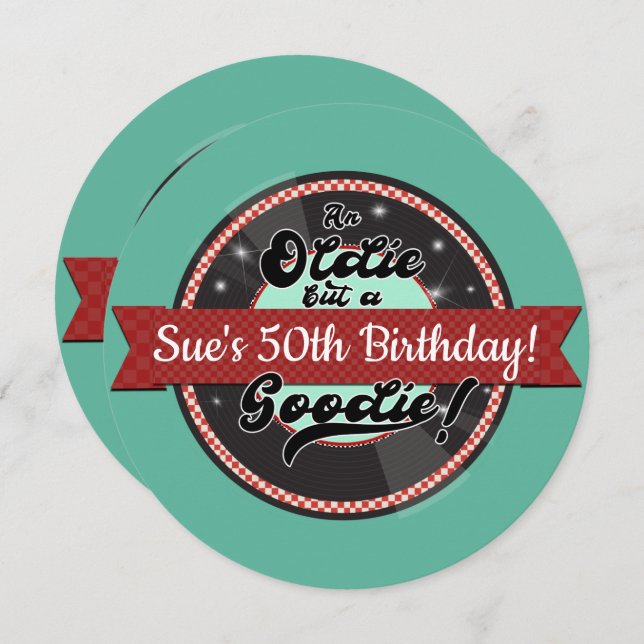 Retro Record Ribbon Fifties 50's Birthday Party Invitation (Front/Back)