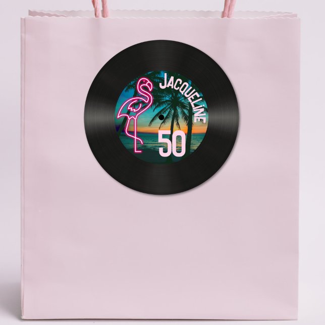 Retro Record Tropical Neon Flamingo 50th Birthday Classic Round Sticker (Creator Uploaded)