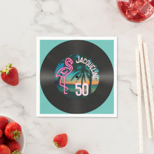 Retro Record Tropical Neon Flamingo 50th Birthday Napkin