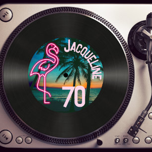 Retro Record Tropical Neon Flamingo 70th Birthday Invitation