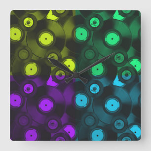 Retro Records Neon Colourful Collage Square Wall Clock
