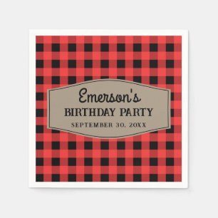 Retro Red and Black Buffalo Plaid Pattern Birthday Napkin