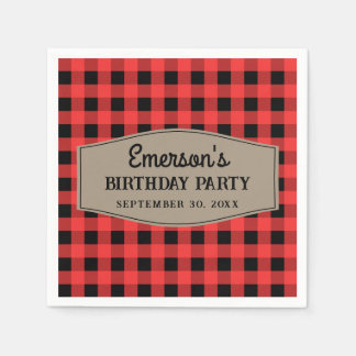 Retro Red and Black Buffalo Plaid Pattern Birthday Napkin