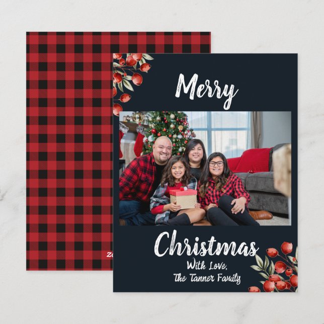 Retro Red and Black Plaid Photo Holiday Card (Front/Back)