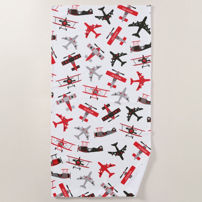Retro Red and Black WWII Military Aeroplane Patter Beach Towel (Front)
