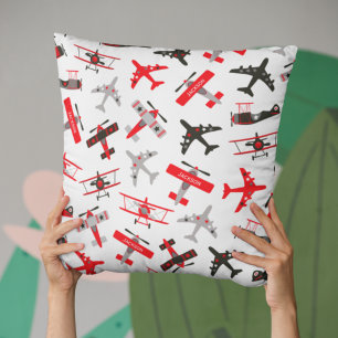 Retro Red and Black WWII Military Aeroplane Patter Cushion