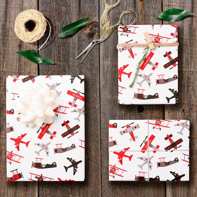 Retro Red and Black WWII Military Aeroplane Patter Wrapping Paper Sheet (Creator Uploaded)