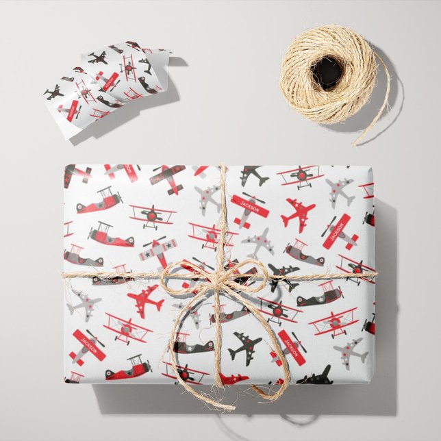 Retro Red and Black WWII Military Airplane Pattern Wrapping Paper (Creator Uploaded)