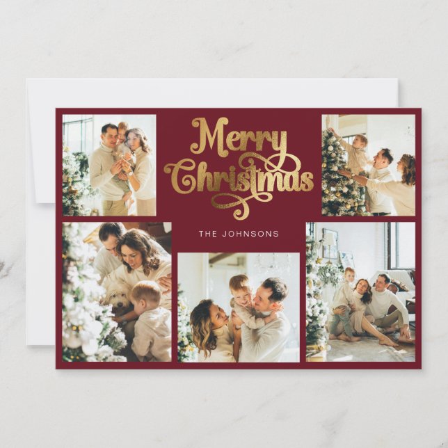Retro Red and Gold Merry Christmas Family Photo Holiday Card (Front)