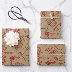 Retro Red and Gold Vintage Nordic Christmas Wrapping Paper Sheet