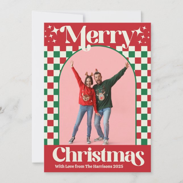 Retro Red and Green Christmas Check Flat Card (Front)