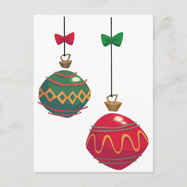 Retro Red and Green Christmas Ornaments Holiday Postcard (Front)