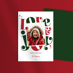 Retro Red and Green Love and Joy 1 photo Christmas Holiday Card