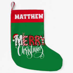 Retro red and green merry christmas small christmas stocking