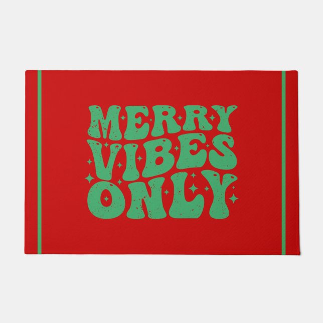 Retro Red and Green Merry Vibes Holiday Doormat (Front)