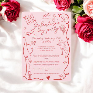 Retro Red and Pastel Pink Galentine's Day Party  Invitation