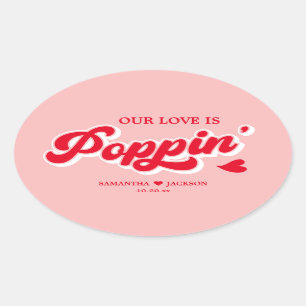 Retro Red and Pink Popcorn Wedding Favour  Oval Sticker