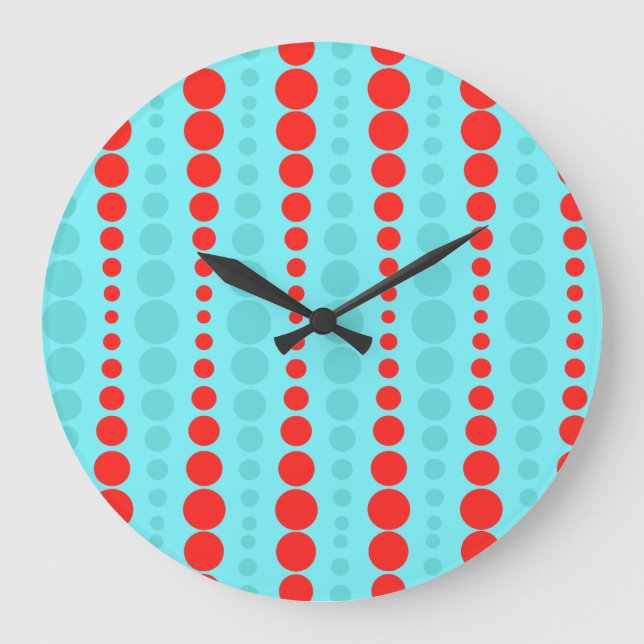 Retro Red and Turquoise Dots Round Wall Clock (Front)