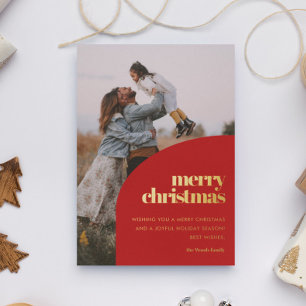 Retro Red Arch Design Merry Christmas Photo Gold Foil Holiday Card