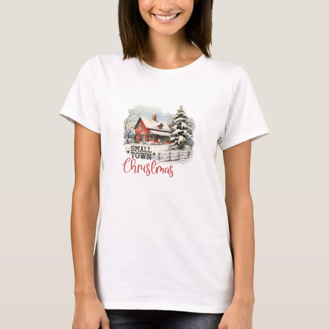 Retro red barn small town Christmas scene cosy T-Shirt (Front)