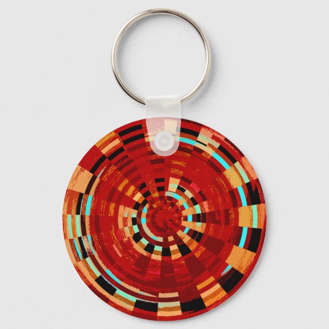 Retro Red Black Blue Yellow Brown Circular Pattern Key Ring (Front)