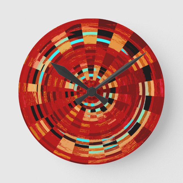 Retro Red Black Blue Yellow Brown Circular Pattern Round Clock (Front)