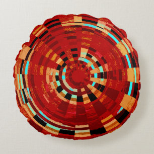 Retro Red Black Blue Yellow Brown Circular Pattern Round Cushion