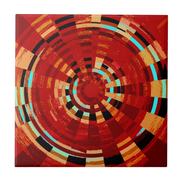 Retro Red Black Blue Yellow Brown Circular Pattern Tile (Front)