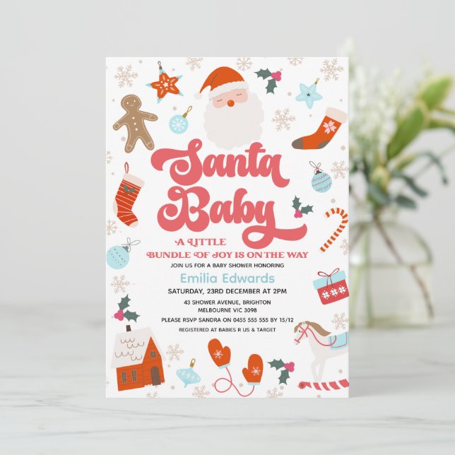 Retro Red Blue Boys Santa Baby Baby Shower Invitation (Standing Front)