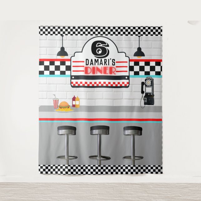Retro Red|Blue Chequerboard Diner Counter Backdrop Tapestry (Front)