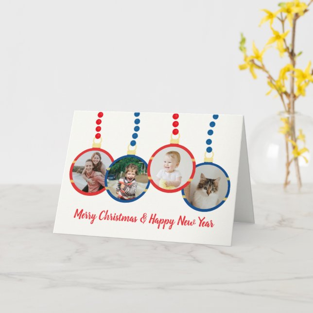  Retro red blue Christmas ornaments photo holiday Card (Yellow Flower)