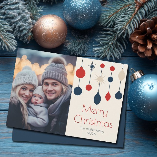 Retro Red Blue Christmas Ornaments Photo Holiday Card (Creator Uploaded)