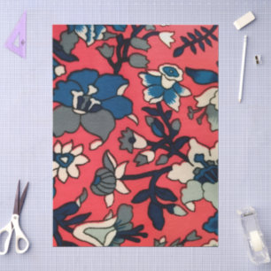 Retro Red Blue Floral Flowers Pattern Decoupage Tissue Paper